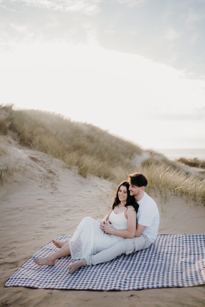 Engagement shoot at golden hour on Formby Beach